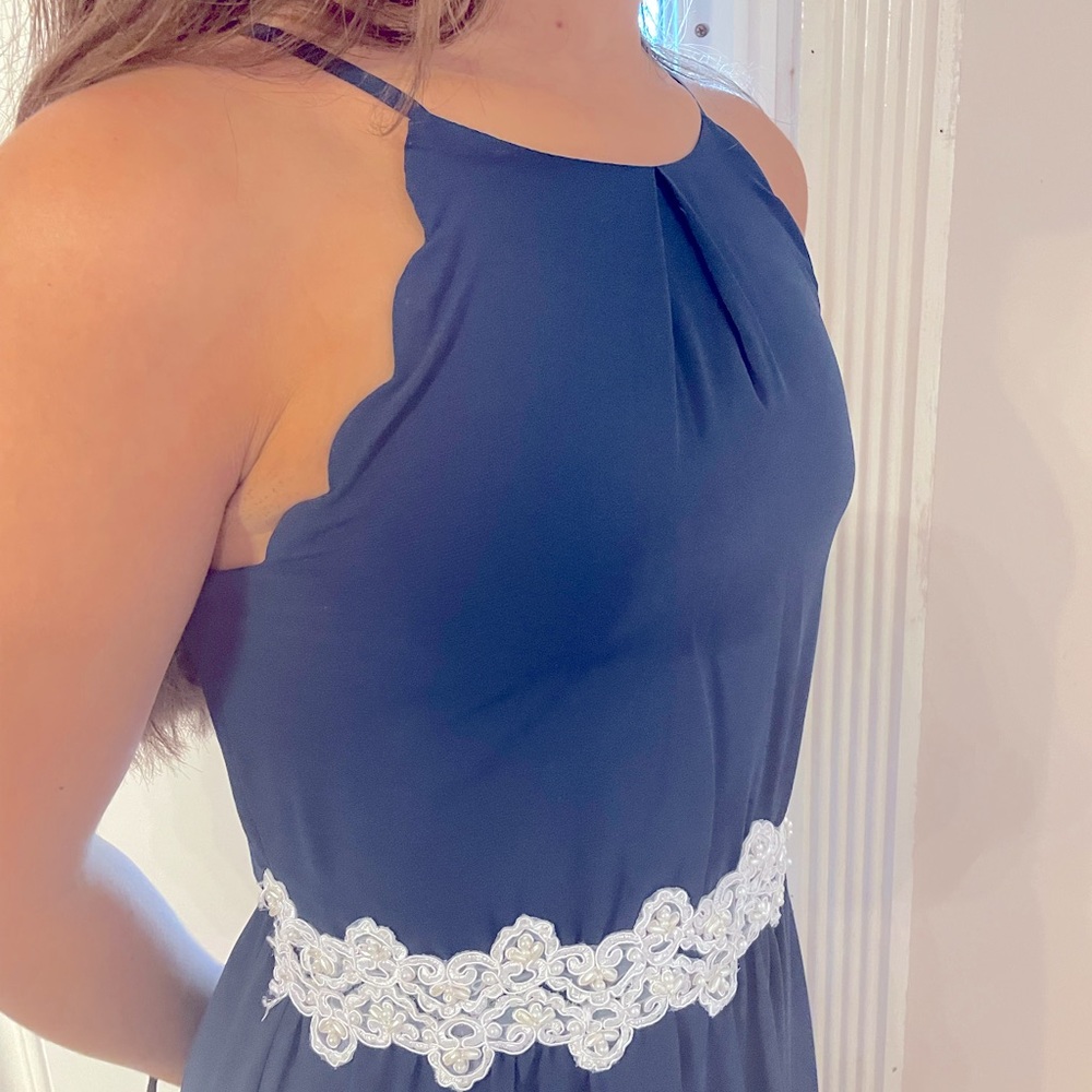 Navy blue floor length dress with scalloped edges